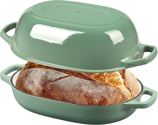 EDGING CASTING Enameled Cast Iron Oval Dutch Oven Pot with Lid, Dutch Oven for Sourdough Bread Baking, Bread Oven, Bread Dutch Oven, Oval Bread Pan, 7qt, Sage Green