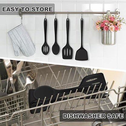 TeamFar Silicone Cooking Utensils Set, 5-Piece Heat Resistant Kitchen Utensils Set, Nonstick Slotted Solid Spoon Turner Pasta Server for Frying, Serving, Mixing, Non-Toxic & Dishwasher Safe, Black - Image 7