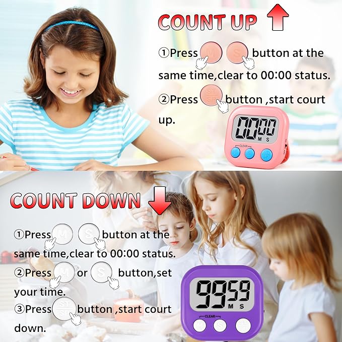 Timer for Kids Teachers Supplies Digital Kitchen Timers for Cooking Large Magnetic Classroom Timer 2Pack-Pink Purple