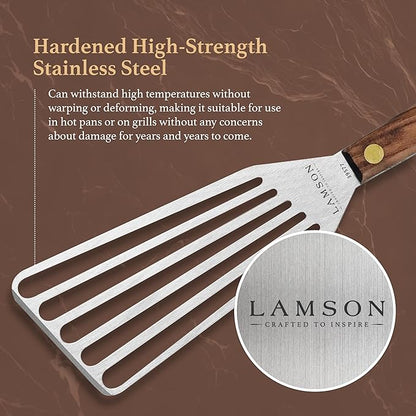 Lamson Metal Spatula Slotted Turner - 3' x 6" Stainless Flipper with Walnut Handle, Right-Hand - Chef's Frying Fish Turner, Metal Grilling Spatula