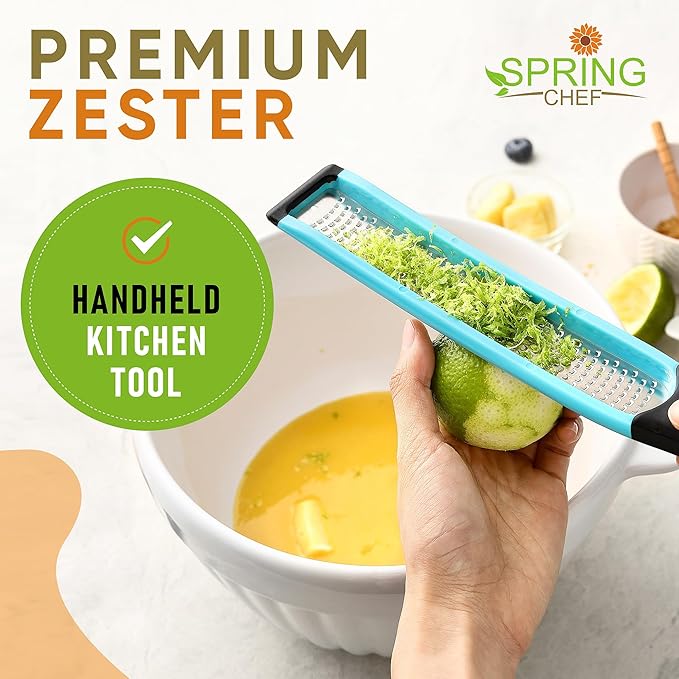Spring Chef Premium Lemon Zester Grater with Handle - Fruits, Garlic, Chocolate, Ginger Grater - Heavy Duty Kitchen Tool - Stainless Steel Citrus Zester with Blade Cover - Fine Shred - Blue/Black - Image 4