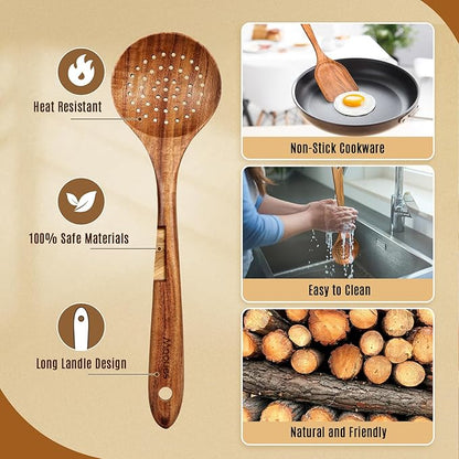 Wooden Spoons for Cooking, Wooden Utensils for Cooking Natural Teak Wooden Kitchen Utensils Set Comfort Grip(5 PCS SET) - Image 2