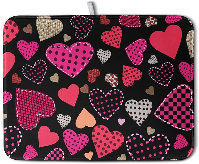 Happy Valentine's Day Kitchen Drying Mats for Dishes 18x24 Inch Love Heart Dish Drying Mat Black Pink Polka Dots Dish Drainer Mat Super Absorbent Dish Rack Pad for Coffee Bar Sinks by Kwlegh