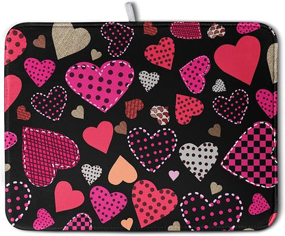 Happy Valentine's Day Kitchen Drying Mats for Dishes 18x24 Inch Love Heart Dish Drying Mat Black Pink Polka Dots Dish Drainer Mat Super Absorbent Dish Rack Pad for Coffee Bar Sinks by Kwlegh