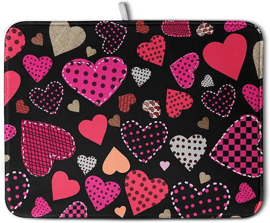 Happy Valentine's Day Kitchen Drying Mats for Dishes 18x24 Inch Love Heart Dish Drying Mat Black Pink Polka Dots Dish Drainer Mat Super Absorbent Dish Rack Pad for Coffee Bar Sinks by Kwlegh