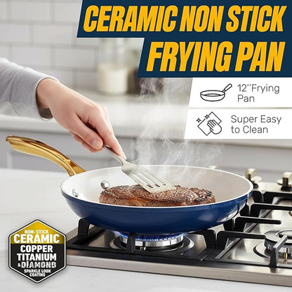 Gotham Steel 15 Pc Ceramic Pots and Pans Set Non Stick, Kitchen Cookware Sets, Pot and Pan Set, Ceramic Cookware Set, Non Toxic Cookware Set, Non Stick Pots and Pan Set, Dishwasher Safe - Navy - Image 3