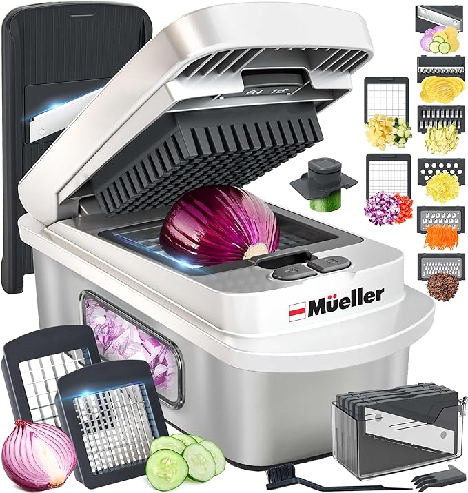 Mueller Pro-Series 10-in-1, 8 Blade Stainless Steel Multi Vegetable Chopper And Mandoline Slicer, Kitchen Accessories and Essentials, Food and Veggie Chopper, Mincer, Dicer, White Sand/Grey by Mueller