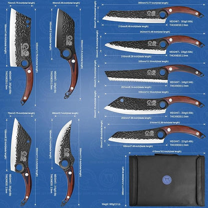 XYJ Professional Kitchen Knife Set with High-Carbon Steel Forged Blades, Chef's Knife, Cleaver, Carving Knife, Nakiri, Full Tang Design, Includes Carrying Bag & Poultry Scissors
