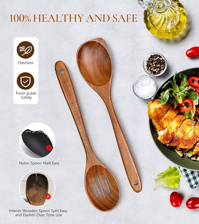 2Pcs Wooden Spoons for Cooking, Natural Premium Teak Wood Corner Spoon & Slotted Spoon, Good Grip Large Cooking Spoons Spatula, Heat Resistant Wooden Kitchen Cooking Utensils Set for Nonstick Cookware - Image 5
