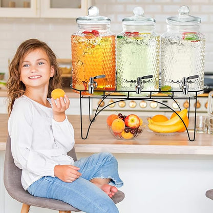 3 Pcs 1 Gallon Beverage Dispensers Glass Drink Dispenser with Stand Large Clear Drink Containers for Parties Glass Jug with Spigot and Lid for Party Bar Juice Lemonade Punch Water Tea