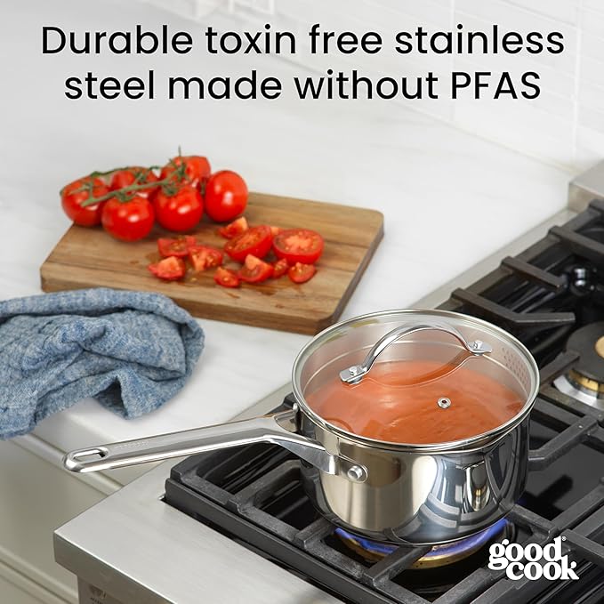 GoodCook Stainless Steel Sauce Pan with Strainer Lid Oven-Safe to 500F & Induction-Safe Compatible with All Stovetops 3-Layer Construction for Even Heating PTFE & PFOA Free, 2.5-Quarts, Silver