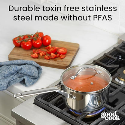 GoodCook Stainless Steel Sauce Pan with Strainer Lid Oven-Safe to 500F & Induction-Safe Compatible with All Stovetops 3-Layer Construction for Even Heating PTFE & PFOA Free, 2.5-Quarts, Silver