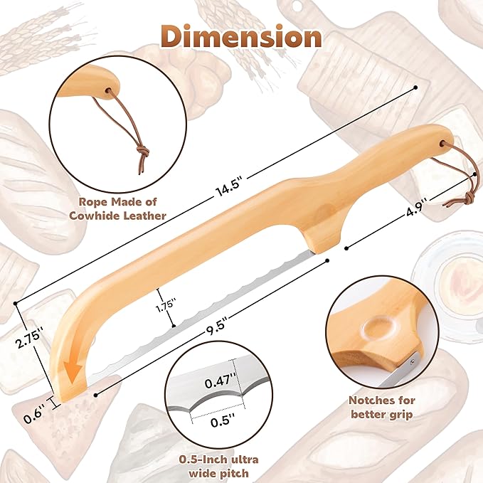 Bread Knife for Homemade Bread, 14.5" Wooden Sourdough Bread Knife, Sourdough Bread Slicer, Bow Design, Easy to Cut Into Uniform Thin Slices, Bread Saw for Cutting Sourdough Bread, Bagel, Baguette Etc
