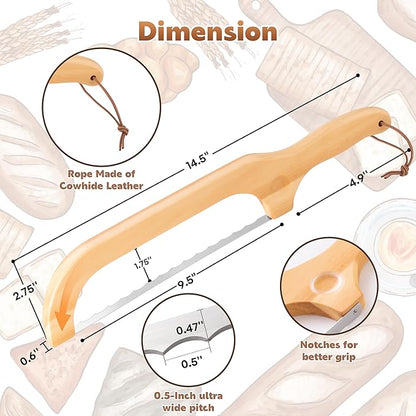 Bread Knife for Homemade Bread, 14.5" Wooden Sourdough Bread Knife, Sourdough Bread Slicer, Bow Design, Easy to Cut Into Uniform Thin Slices, Bread Saw for Cutting Sourdough Bread, Bagel, Baguette Etc