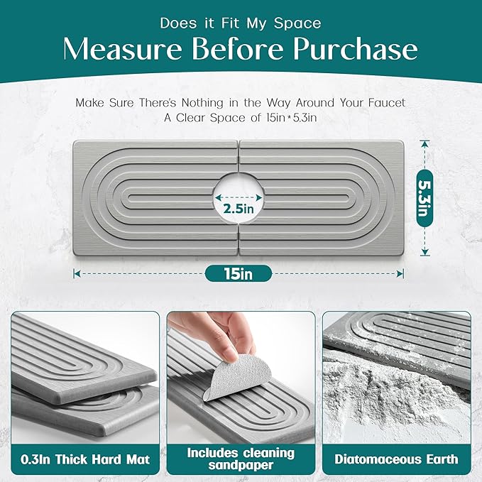 eormoe Faucet Mat for Kitchen Sink - Wider Diatomite Fast Drying Stone Sink Tray, Super Absorbent, Prevents Moisture Buildup - Faucet Splash Guard for Bathroom Counter (Grey, 15x5.3inch) - Image 2