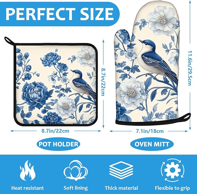Blue Bird Blooming Flower Oven Mitts and Pot Holders Sets Heat Resistant 4Pcs Potholders Oven Gloves Hot Pads for Kitchen Baking Cooking Grilling BBQ