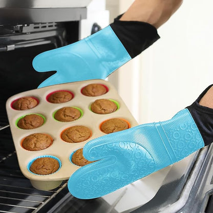 BPA-Free Soft Silicone Oven Mitts - Ultra Heat Resistant Oven Mitts with Thick Cotton Liner - Extra Long Slip Resistant Pot Holders, Flexible Oven Gloves - Aqua/Black 14.7" - Image 8