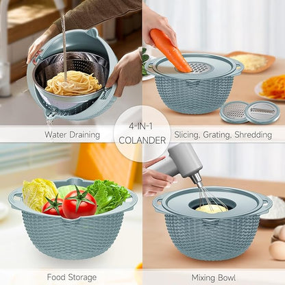 4-1 Strainer with Bowl & Spoons Set - Strainers and Colanders(Patented) - Colanders for kitchen - Food Strainer with New Upgraded Graters & Spoons - Fruit Bowl for Pasta Fruits Veggie- Blue - Image 2