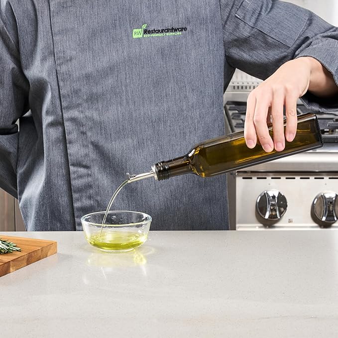 Restaurantware RW Base 16.9 Ounce Olive Oil Dispenser 1 Kitchen Oil Dispenser Bottle - With Stainless Steel Pourer Non-Leaking Amber Glass Olive Oil Pourer For Cooking Or Salad Dressings