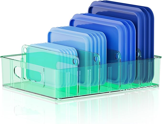 LYNG Lid Organizers Inside Cabinet, Clear Plastic Storage Lid Organizer With 4 Adjustable Dividers, Food Container Lid Organizer For Kitchen Pantry Green by Unknown
