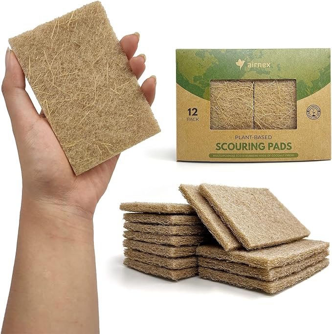 AIRNEX Plant-Based Scouring Pads for Dishes - Coconut Husk Non Scratch Scrub Pads - Natural Kitchen Scrubbing Pads for Pots & Pans - Eco Friendly & Non Abrasive Dish Scrubber Pads - Pack of 12 by Airnex