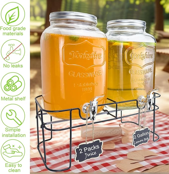 2 Gallon Larger Glass Drink Dispenser for Parties, 2 Packs Juice Lemonade Ice Tea Water Dispenser with Stand, HENABLE Beverage Dispensers with Spigot for BBQ, Picnic, Party - Image 4