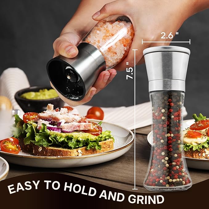 M JINEMEI Salt and Pepper Grinder Tall Size - Black Pepper, Herb Shakers Mill Refillable Manual - Stainless Steel Lid - Adjustable Coarseness - Glass Material- Fits in Home, Kitchen, Barbecue - Image 4