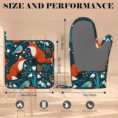 Forest Fox Animal Oven Mitts and Pot Holders Sets Green Floral Silicone Kitchen Mitts Potholders Heat Resistant Oven Gloves Hot Pads for Kitchen Baking Cooking