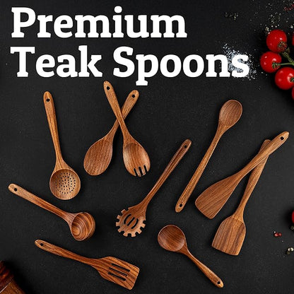 PriorityChef Wooden Spoons for Cooking, Premium 10pc Teak Wood Utensil Set with Hanging Hooks and Spoon Rest - Image 8