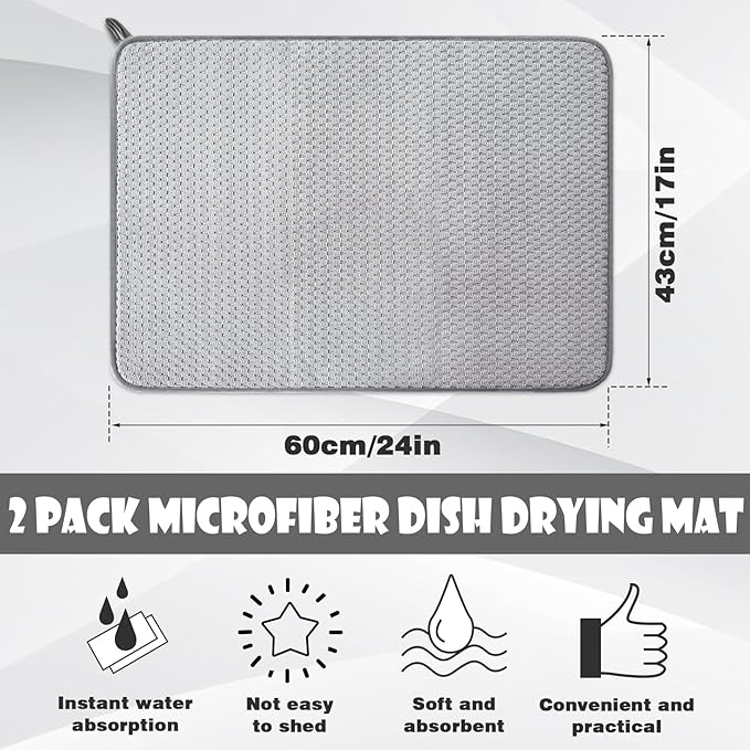 2 Pack Microfiber Dish Drying Mat,24 x 17 inch Super Absorbent Drying Pad,Large Size Dish Drying Mat for Countertops,Sinks,Draining Racks,Gray - Image 2