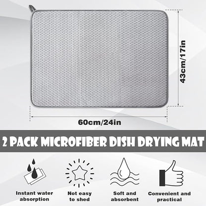 2 Pack Microfiber Dish Drying Mat,24 x 17 inch Super Absorbent Drying Pad,Large Size Dish Drying Mat for Countertops,Sinks,Draining Racks,Gray - Image 2