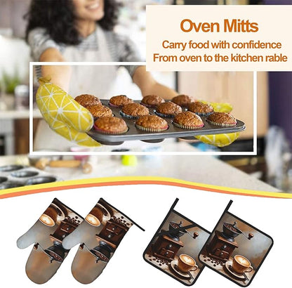 Vintage Coffee Oven Mitts and Heat Resistant Pads - Heat Resistant Gloves Potholder Set of 4 for Cooking, BBQ, Gifts for Women