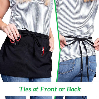GREEN LIFESTYLE Server Aprons with 3 Pockets - Waist Apron, Waitress Apron for Women and Man, Water Resistant with Long Waist Strap Reinforced Seams, Half Apron (24 Pack - Black) - Image 5