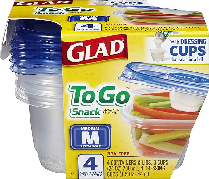Glad GladWare To Go Snack Food Storage Containers with Lids, Medium Rectangle BPA Free Plastic with Built-In Dressing Cup for Salads and Snacks, Microwave Dishwasher Safe, 24 Oz, 4 Count - 6 Pack - Image 2