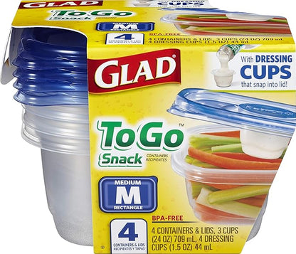 Glad GladWare To Go Snack Food Storage Containers with Lids, Medium Rectangle BPA Free Plastic with Built-In Dressing Cup for Salads and Snacks, Microwave Dishwasher Safe, 24 Oz, 4 Count - 6 Pack - Image 2