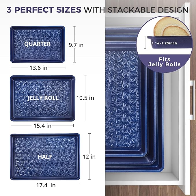 HONGBAKE Nonstick Baking Sheet Pan Set of 3, Cookie Sheets for Oven, Non-Toxic Half/Quarter/Jelly Roll Pans with Floral Swirl Texture, Heavy Duty 0.8mm Thick Oven Trays for Cooking, Blue - Image 8