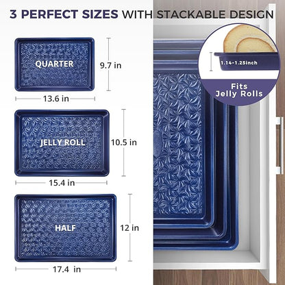 HONGBAKE Nonstick Baking Sheet Pan Set of 3, Cookie Sheets for Oven, Non-Toxic Half/Quarter/Jelly Roll Pans with Floral Swirl Texture, Heavy Duty 0.8mm Thick Oven Trays for Cooking, Blue - Image 8