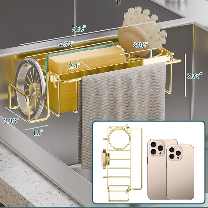 TAILI Sponge Holder with Strong Suction Cup, 4-in-1 Rustproof Sink Organizer - Sink Caddy Holds Sponges, Brushes, Stoppers & Scrapers -Gold - Image 2