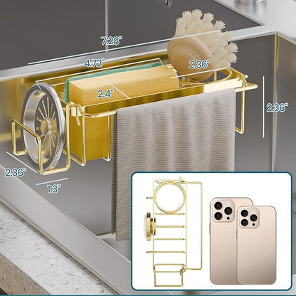 TAILI Sponge Holder with Strong Suction Cup, 4-in-1 Rustproof Sink Organizer - Sink Caddy Holds Sponges, Brushes, Stoppers & Scrapers -Gold - Image 2