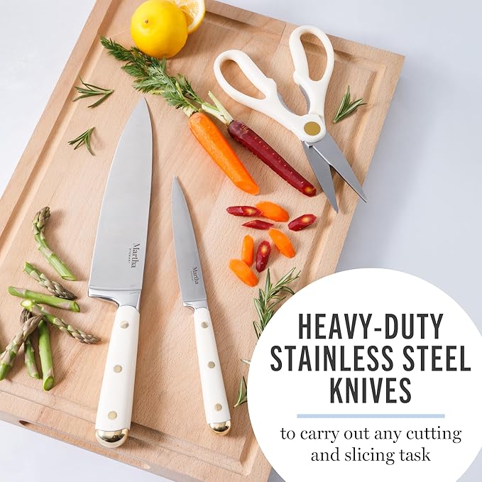 Martha Stewart Knife Block Set 16-Piece - Lockton High Carbon Stainless Steel Forged Full Tang Chef Knives, Acacia Wood Block, Triple Riveted Handles, Linen White & Gold - Image 4