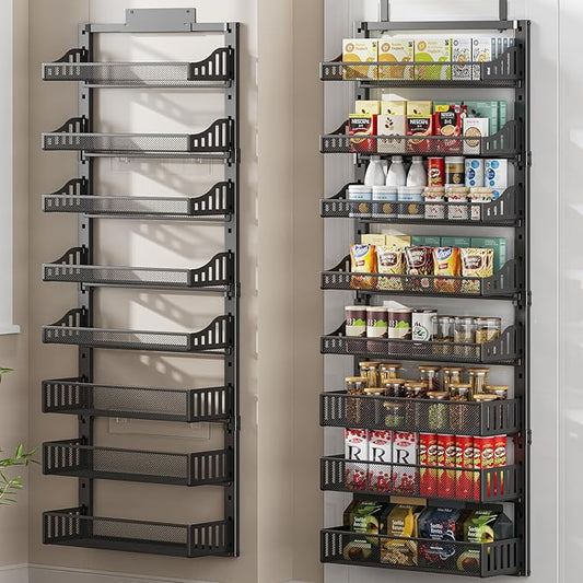POKIPO 8-Tier Over the Door Pantry Organizer, Large Metal Door Spice Rack with Adjustable Basket, 2 in 1 Wall Mount or Hanging Heavy-Duty Pantry Door Storage Shelf for Kitchen and Bathroom, Black by POKIPO