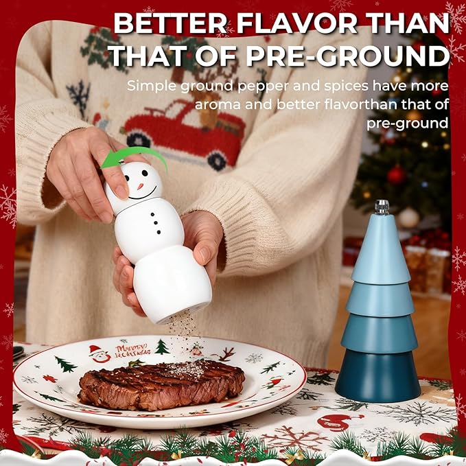 Christmas Salt and Pepper Grinder Set, Snowman & Tree Refillable Salt and Pepper Mills with Adjustable Ceramic Core, Wooden Manual Salt and Pepper Shakers for Kitchen,Gift, Christmas Decor - Image 2