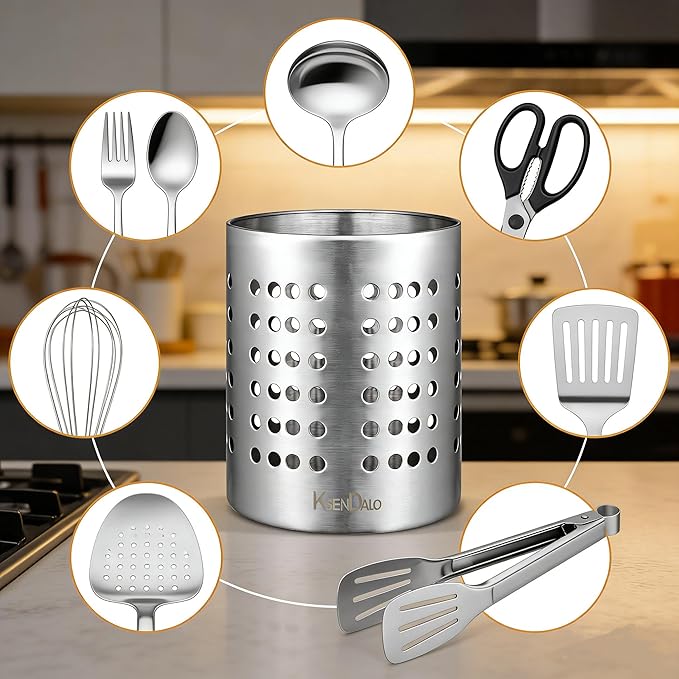 KSENDALO Small Stainless Steel Utensil Holder, SUS304 Silverware Utensil Drying Rack, Utility Sturdy Home Kitchen Daily Use Utensil Drainer for Countertop, Silver (5.32inch Tall) - Image 3