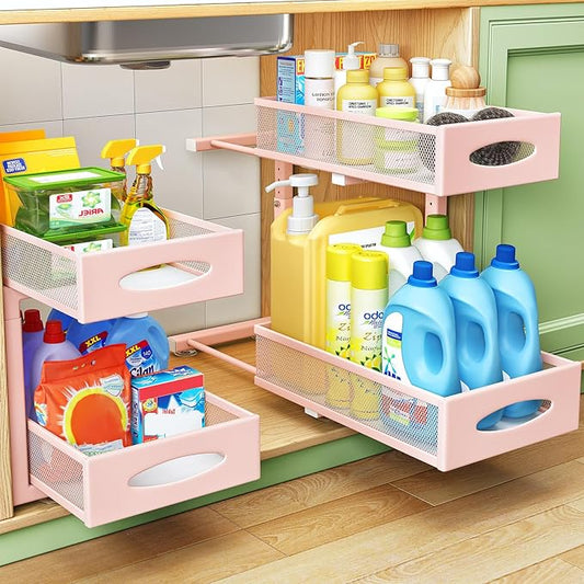 Under Sink Organizer, 2 Tier Pull out Cabinet Organizer Baskets with Mesh Sliding Drawers, Slide out Storage Shelf for Home, Kitchen, Bathroom, Pantry, Office Cabinet(1 Pack, Pink)