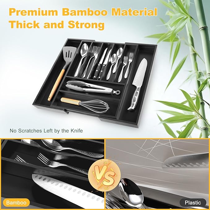 Large Premium Bamboo Silverware Organizer - Expandable Drawer Organizer & Utensil Organizer - 17"x19.7" Cutlery Tray with Dividers for Kitchen Utensils and Flatware (7-9 Slots) (Black) - Image 4
