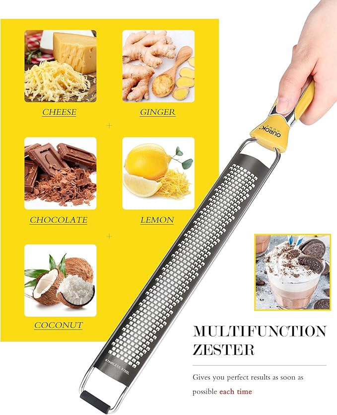 Ourokhome Kitchen Lemon Zester, Stainless Steel Hand Held Parmesan Cheese Grater for Ginger, Chocolate, Coconut, Lime, Nutmeg, Citrus, Fruit, Vegetable with Cleaning Brush, Dishwasher safe, Yellow - Image 3