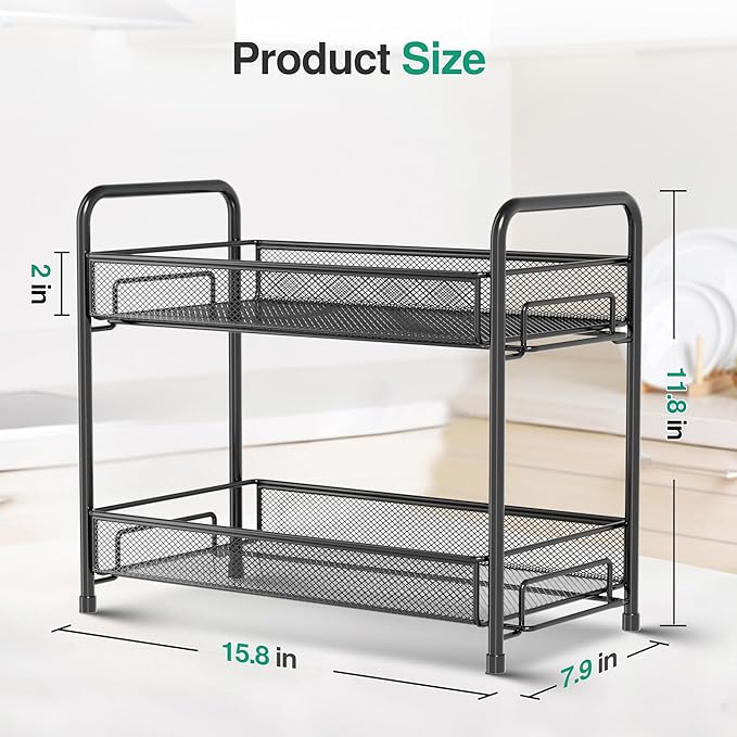 Spice Rack Organizer for Countertop 2 Pack, 2-Tier Counter Foldable Metal Standing Large Seasoning Storage Shelf for Kitchen Cabinet Bathroom Living Room Pantry Office, Black - Image 2