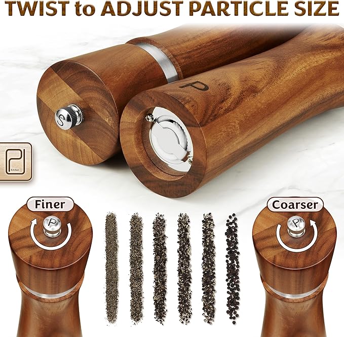Salt and Pepper Acacia Wood Grinder Set with Wooden Holder Tray - 60 g / 2 oz each - Tall Modern Mill Shakers - Manual Refillable Mills for Peppercorn, Fancy Himalayan Salt + Spices - by PJC-Kitchen - Image 7
