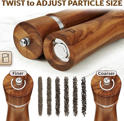 Salt and Pepper Acacia Wood Grinder Set with Wooden Holder Tray - 60 g / 2 oz each - Tall Modern Mill Shakers - Manual Refillable Mills for Peppercorn, Fancy Himalayan Salt + Spices - by PJC-Kitchen - Image 7