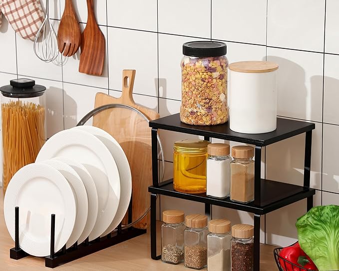 Marsui 4 Pcs Kitchen Organizer Accessories Set Cabinet Organizer Shelf and Bamboo Dish Drying Plate Rack Counter Shelves Storage Holder for Spice Rack, Dish, Pot Lid, Bowl, Cup (Black) - Image 4
